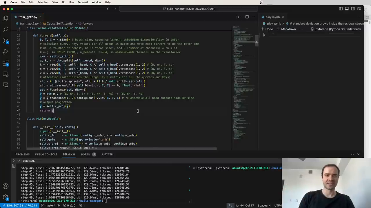 Andrej Karpathy's video at 2 minutes 0 seconds shows the ordinary four-line causal-attention calculation in train_gpt2.py: query-key product, mask, softmax, and multiply by V.