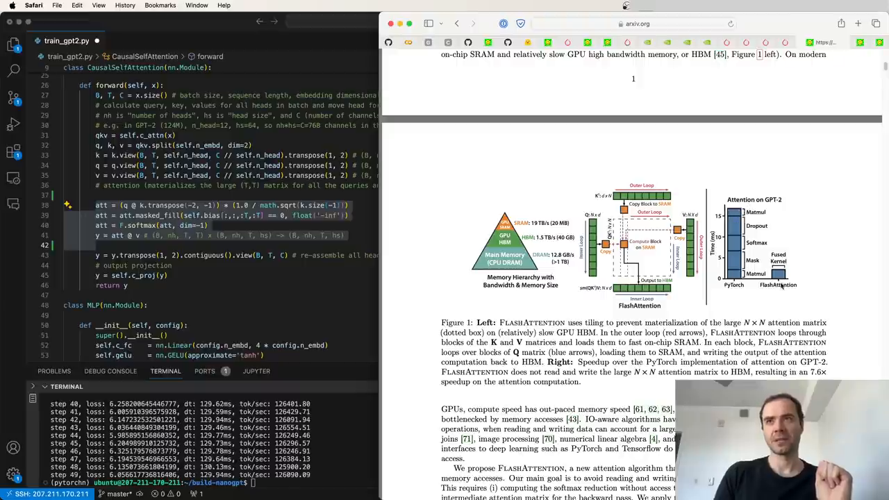 Andrej Karpathy's video at 2 minutes 1 second and 13 seconds shows Figure 1 of the FlashAttention paper, contrasting HBM and SRAM and showing tiled attention computation.