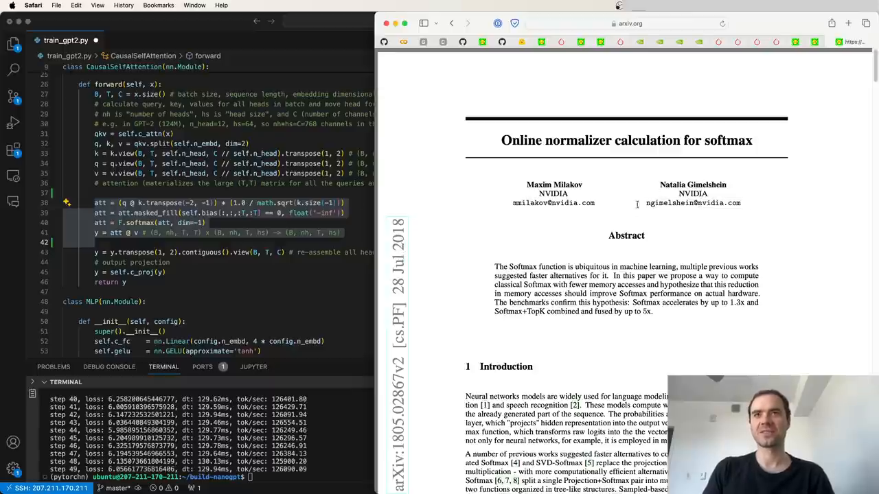 Andrej Karpathy's video at 2 minutes 3 seconds and 50 seconds shows the title page of the NVIDIA paper Online normalizer calculation for softmax by Maxim Milakov and Natalia Gimelshein.