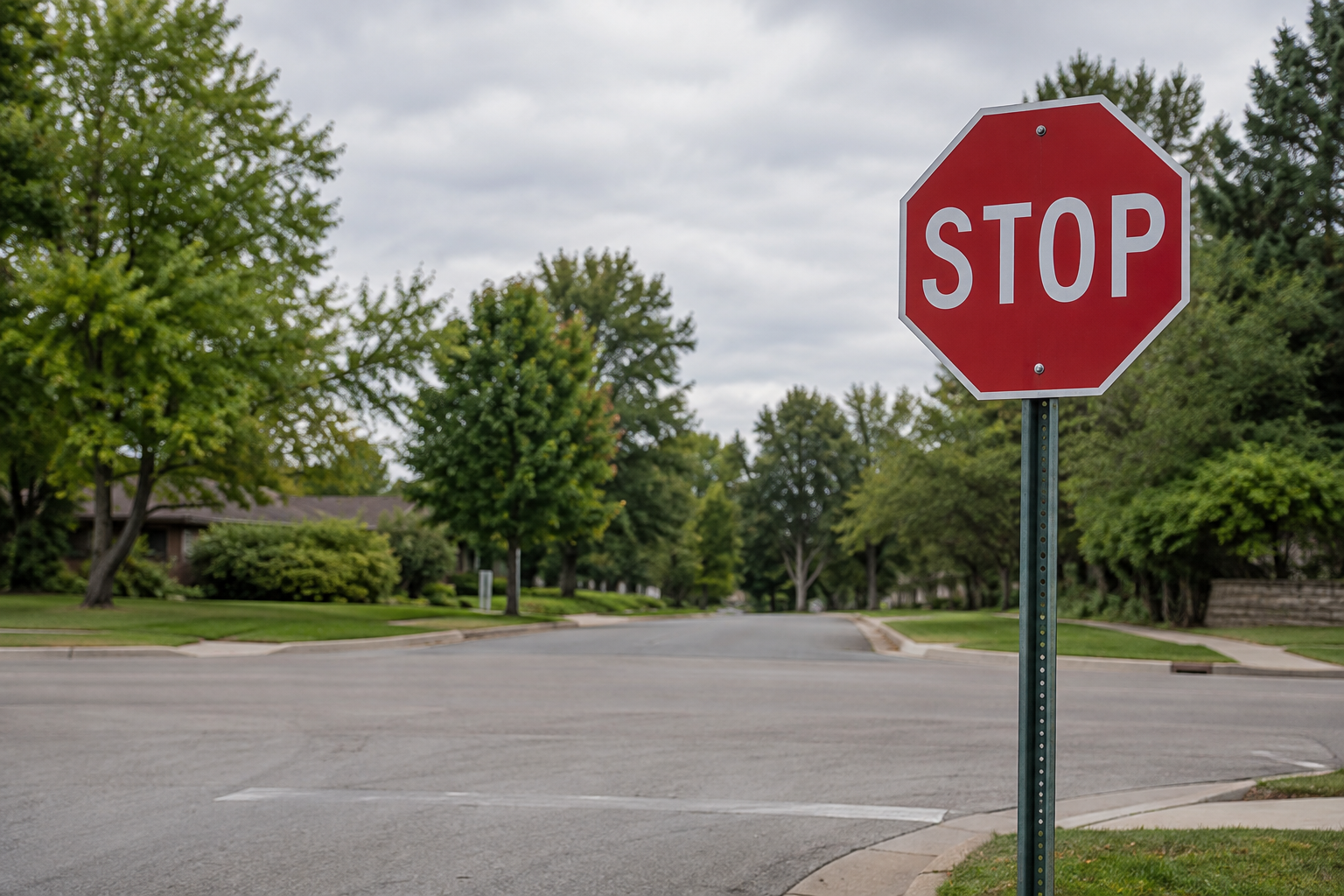 A red stop sign at a quiet intersection, used here as a toy classification example.