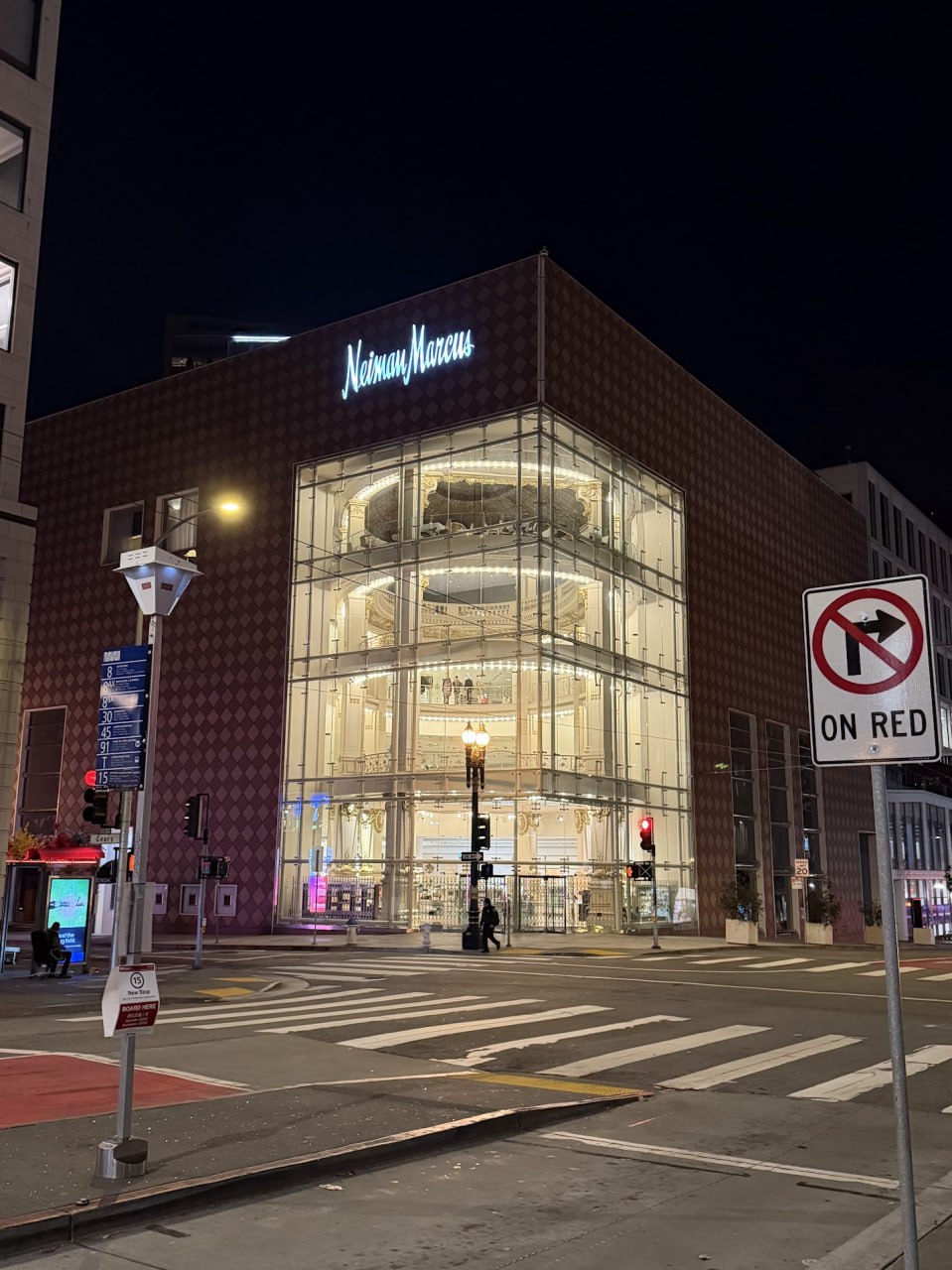 Neiman Marcus building at night near Union Square
